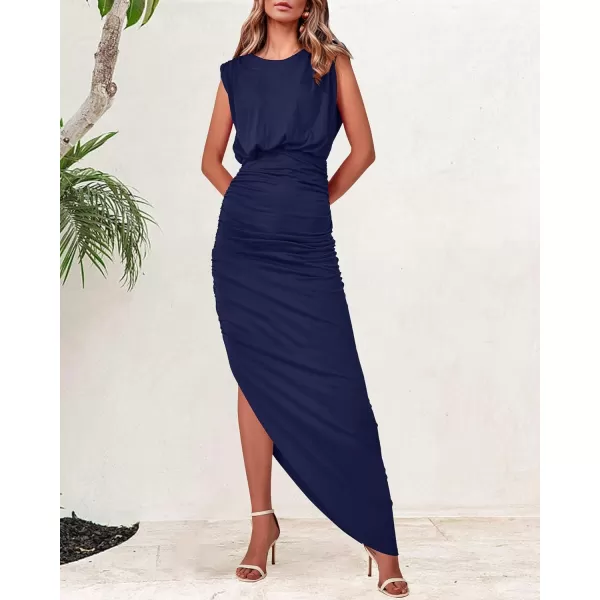 imageBTFBM Women Sleeveless Ruched Bodycon Dress 2023 Summer High Waist Asymmetrical Slit Formal Party Cocktail Maxi DressesSolid Navy