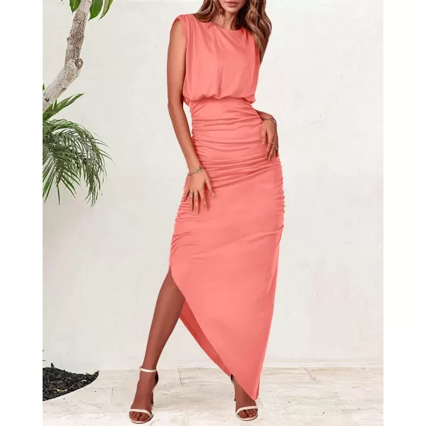 imageBTFBM Women Sleeveless Ruched Bodycon Dress 2023 Summer High Waist Asymmetrical Slit Formal Party Cocktail Maxi DressesSolid Orange Pink