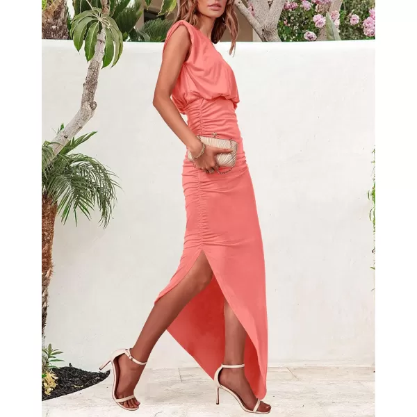 imageBTFBM Women Sleeveless Ruched Bodycon Dress 2023 Summer High Waist Asymmetrical Slit Formal Party Cocktail Maxi DressesSolid Orange Pink