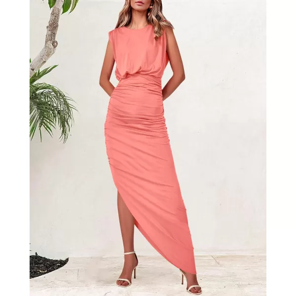 imageBTFBM Women Sleeveless Ruched Bodycon Dress 2023 Summer High Waist Asymmetrical Slit Formal Party Cocktail Maxi DressesSolid Orange Pink