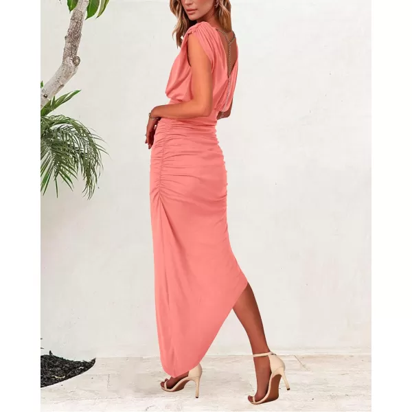 imageBTFBM Women Sleeveless Ruched Bodycon Dress 2023 Summer High Waist Asymmetrical Slit Formal Party Cocktail Maxi DressesSolid Orange Pink