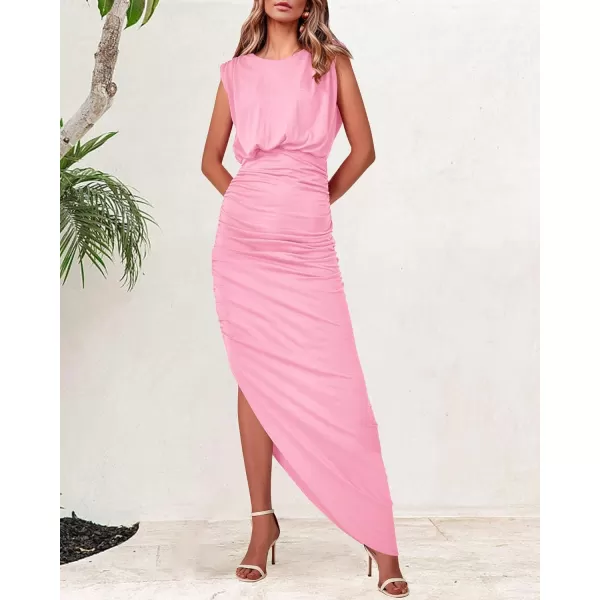 imageBTFBM Women Sleeveless Ruched Bodycon Dress 2023 Summer High Waist Asymmetrical Slit Formal Party Cocktail Maxi DressesSolid Pink