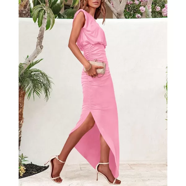 imageBTFBM Women Sleeveless Ruched Bodycon Dress 2023 Summer High Waist Asymmetrical Slit Formal Party Cocktail Maxi DressesSolid Pink