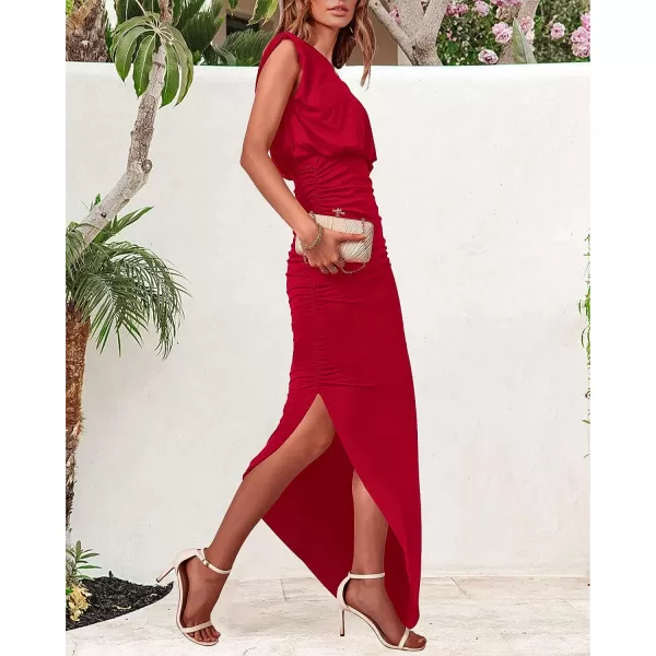 imageBTFBM Women Sleeveless Ruched Bodycon Dress 2023 Summer High Waist Asymmetrical Slit Formal Party Cocktail Maxi DressesSolid Red