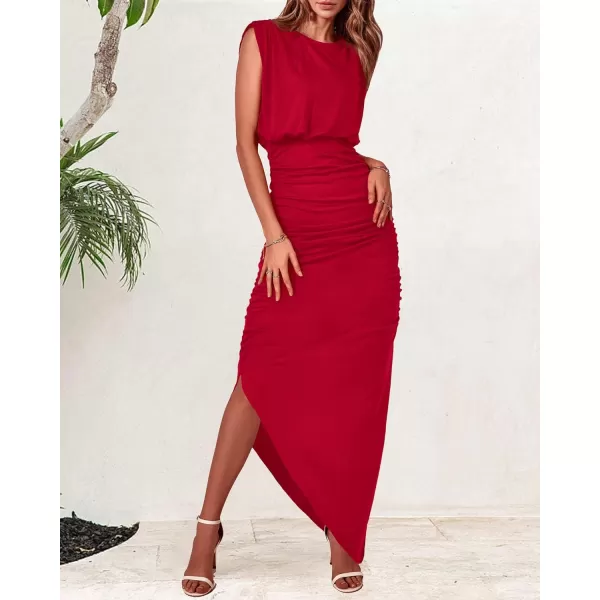 imageBTFBM Women Sleeveless Ruched Bodycon Dress 2023 Summer High Waist Asymmetrical Slit Formal Party Cocktail Maxi DressesSolid Red