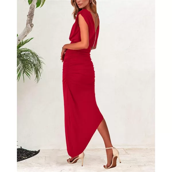 imageBTFBM Women Sleeveless Ruched Bodycon Dress 2023 Summer High Waist Asymmetrical Slit Formal Party Cocktail Maxi DressesSolid Red