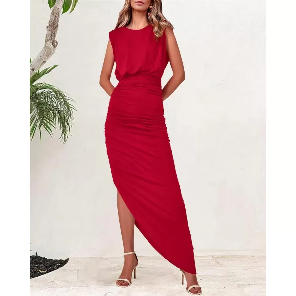 imageBTFBM Women Sleeveless Ruched Bodycon Dress 2023 Summer High Waist Asymmetrical Slit Formal Party Cocktail Maxi DressesSolid Red