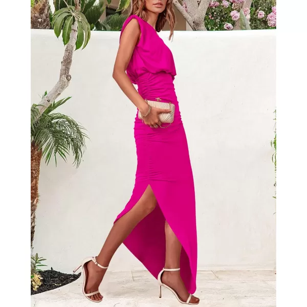 imageBTFBM Women Sleeveless Ruched Bodycon Dress 2023 Summer High Waist Asymmetrical Slit Formal Party Cocktail Maxi DressesSolid Rose Red