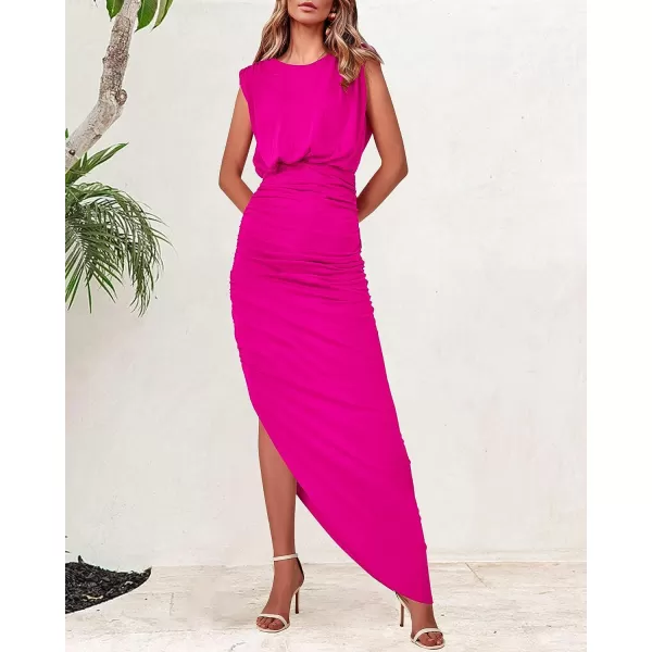 imageBTFBM Women Sleeveless Ruched Bodycon Dress 2023 Summer High Waist Asymmetrical Slit Formal Party Cocktail Maxi DressesSolid Rose Red