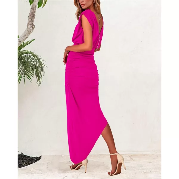 imageBTFBM Women Sleeveless Ruched Bodycon Dress 2023 Summer High Waist Asymmetrical Slit Formal Party Cocktail Maxi DressesSolid Rose Red