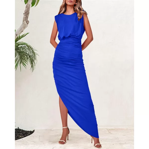 imageBTFBM Women Sleeveless Ruched Bodycon Dress 2023 Summer High Waist Asymmetrical Slit Formal Party Cocktail Maxi DressesSolid Royal Blue
