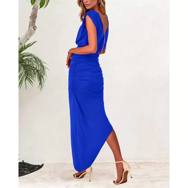 imageBTFBM Women Sleeveless Ruched Bodycon Dress 2023 Summer High Waist Asymmetrical Slit Formal Party Cocktail Maxi DressesSolid Royal Blue