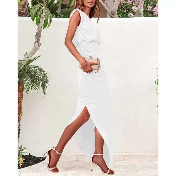 imageBTFBM Women Sleeveless Ruched Bodycon Dress 2023 Summer High Waist Asymmetrical Slit Formal Party Cocktail Maxi DressesSolid White