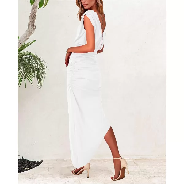 imageBTFBM Women Sleeveless Ruched Bodycon Dress 2023 Summer High Waist Asymmetrical Slit Formal Party Cocktail Maxi DressesSolid White