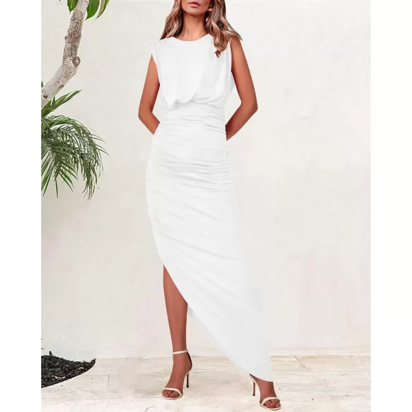 imageBTFBM Women Sleeveless Ruched Bodycon Dress 2023 Summer High Waist Asymmetrical Slit Formal Party Cocktail Maxi DressesSolid White