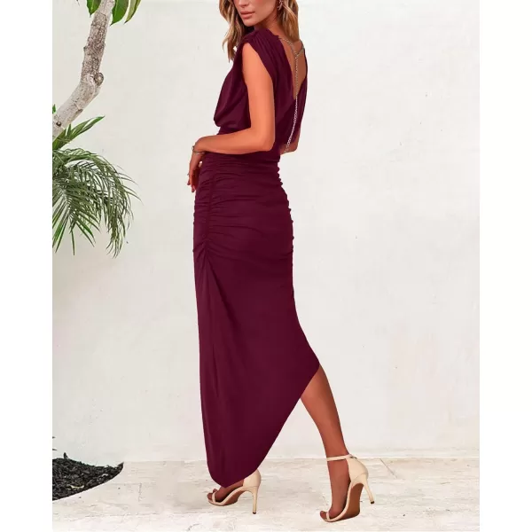 imageBTFBM Women Sleeveless Ruched Bodycon Dress 2023 Summer High Waist Asymmetrical Slit Formal Party Cocktail Maxi DressesSolid Wine Red