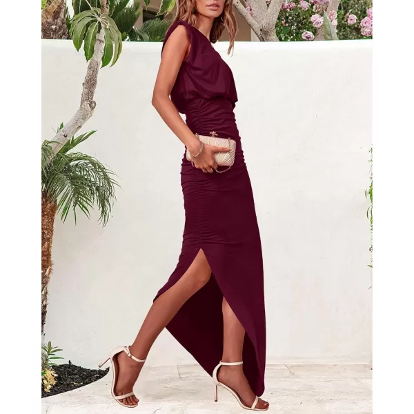 imageBTFBM Women Sleeveless Ruched Bodycon Dress 2023 Summer High Waist Asymmetrical Slit Formal Party Cocktail Maxi DressesSolid Wine Red