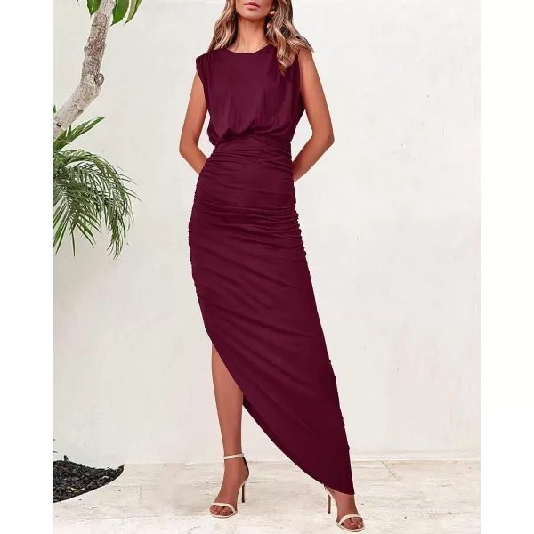 imageBTFBM Women Sleeveless Ruched Bodycon Dress 2023 Summer High Waist Asymmetrical Slit Formal Party Cocktail Maxi DressesSolid Wine Red