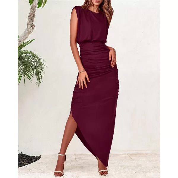 imageBTFBM Women Sleeveless Ruched Bodycon Dress 2023 Summer High Waist Asymmetrical Slit Formal Party Cocktail Maxi DressesSolid Wine Red