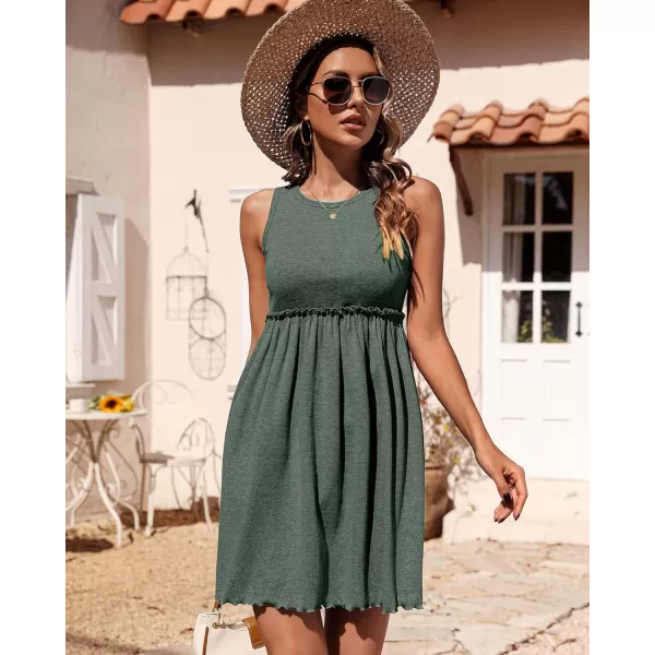 imageBTFBM Women Sleeveless Summer Dress 2023 Crewneck Ribbed Knit Ruffle Swing Button Down Beach Sun Mini Tank Short DressesArmy Green
