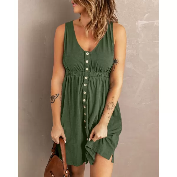imageBTFBM Women Sleeveless Summer Dress 2023 Crewneck Ribbed Knit Ruffle Swing Button Down Beach Sun Mini Tank Short DressesButtons Army Green