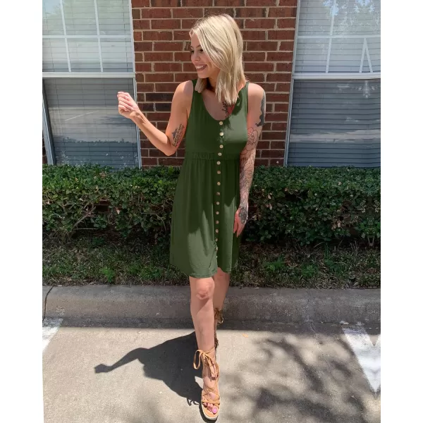 imageBTFBM Women Sleeveless Summer Dress 2023 Crewneck Ribbed Knit Ruffle Swing Button Down Beach Sun Mini Tank Short DressesButtons Army Green