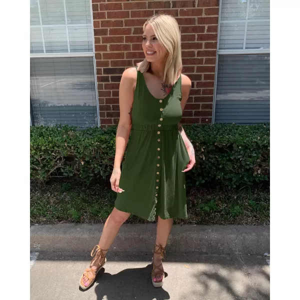 imageBTFBM Women Sleeveless Summer Dress 2023 Crewneck Ribbed Knit Ruffle Swing Button Down Beach Sun Mini Tank Short DressesButtons Army Green