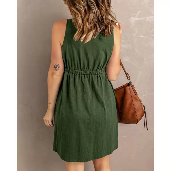 imageBTFBM Women Sleeveless Summer Dress 2023 Crewneck Ribbed Knit Ruffle Swing Button Down Beach Sun Mini Tank Short DressesButtons Army Green