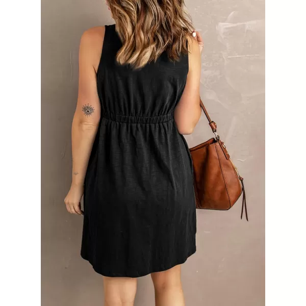 imageBTFBM Women Sleeveless Summer Dress 2023 Crewneck Ribbed Knit Ruffle Swing Button Down Beach Sun Mini Tank Short DressesButtons Black