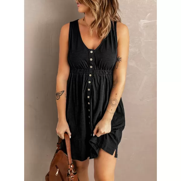 imageBTFBM Women Sleeveless Summer Dress 2023 Crewneck Ribbed Knit Ruffle Swing Button Down Beach Sun Mini Tank Short DressesButtons Black