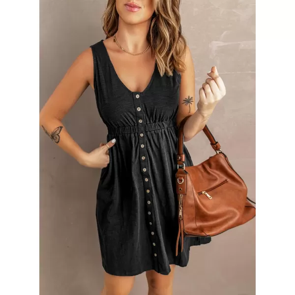 imageBTFBM Women Sleeveless Summer Dress 2023 Crewneck Ribbed Knit Ruffle Swing Button Down Beach Sun Mini Tank Short DressesButtons Black