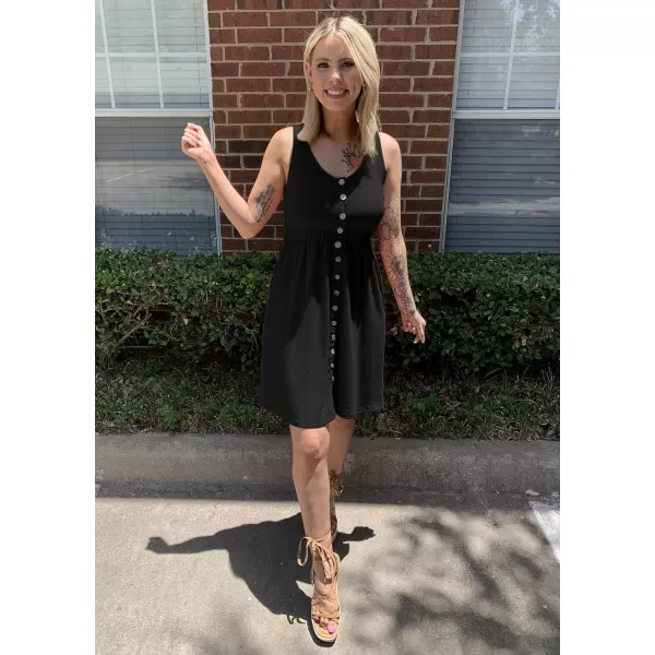 imageBTFBM Women Sleeveless Summer Dress 2023 Crewneck Ribbed Knit Ruffle Swing Button Down Beach Sun Mini Tank Short DressesButtons Black
