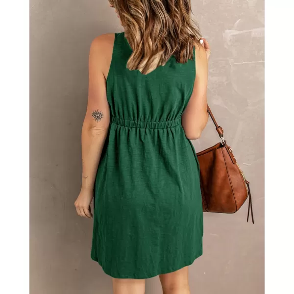 imageBTFBM Women Sleeveless Summer Dress 2023 Crewneck Ribbed Knit Ruffle Swing Button Down Beach Sun Mini Tank Short DressesButtons Dark Green