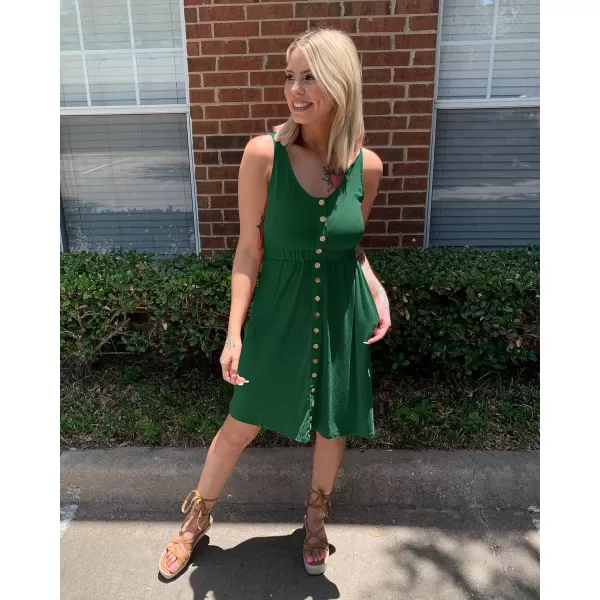 imageBTFBM Women Sleeveless Summer Dress 2023 Crewneck Ribbed Knit Ruffle Swing Button Down Beach Sun Mini Tank Short DressesButtons Dark Green