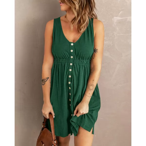 imageBTFBM Women Sleeveless Summer Dress 2023 Crewneck Ribbed Knit Ruffle Swing Button Down Beach Sun Mini Tank Short DressesButtons Dark Green