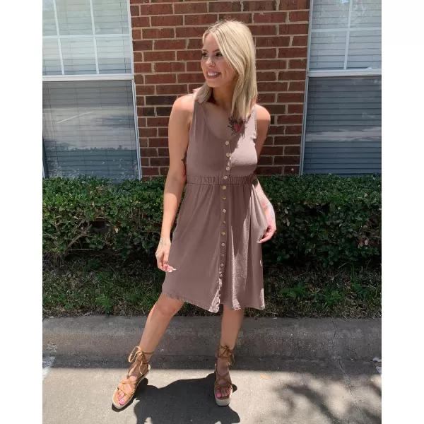 imageBTFBM Women Sleeveless Summer Dress 2023 Crewneck Ribbed Knit Ruffle Swing Button Down Beach Sun Mini Tank Short DressesButtons Dark Khaki