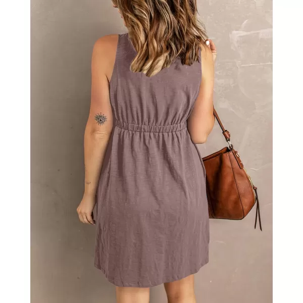 imageBTFBM Women Sleeveless Summer Dress 2023 Crewneck Ribbed Knit Ruffle Swing Button Down Beach Sun Mini Tank Short DressesButtons Dark Khaki