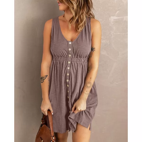 imageBTFBM Women Sleeveless Summer Dress 2023 Crewneck Ribbed Knit Ruffle Swing Button Down Beach Sun Mini Tank Short DressesButtons Dark Khaki