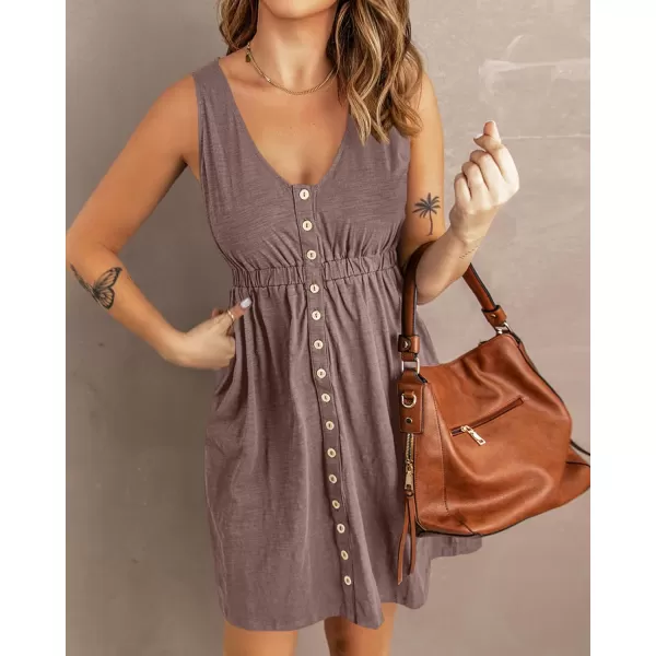 imageBTFBM Women Sleeveless Summer Dress 2023 Crewneck Ribbed Knit Ruffle Swing Button Down Beach Sun Mini Tank Short DressesButtons Dark Khaki