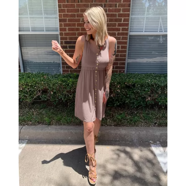 imageBTFBM Women Sleeveless Summer Dress 2023 Crewneck Ribbed Knit Ruffle Swing Button Down Beach Sun Mini Tank Short DressesButtons Dark Khaki