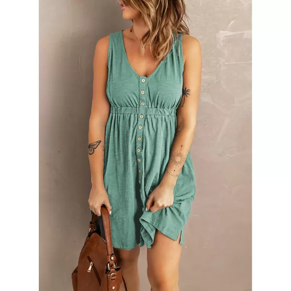 imageBTFBM Women Sleeveless Summer Dress 2023 Crewneck Ribbed Knit Ruffle Swing Button Down Beach Sun Mini Tank Short DressesButtons Fruit Green