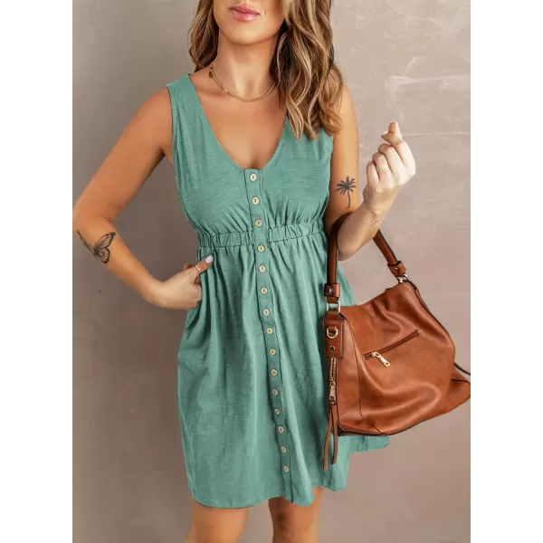 imageBTFBM Women Sleeveless Summer Dress 2023 Crewneck Ribbed Knit Ruffle Swing Button Down Beach Sun Mini Tank Short DressesButtons Fruit Green