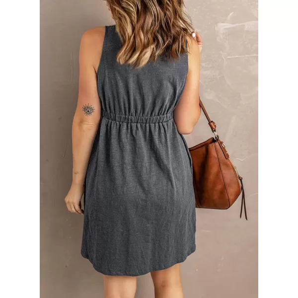 imageBTFBM Women Sleeveless Summer Dress 2023 Crewneck Ribbed Knit Ruffle Swing Button Down Beach Sun Mini Tank Short DressesButtons Grey