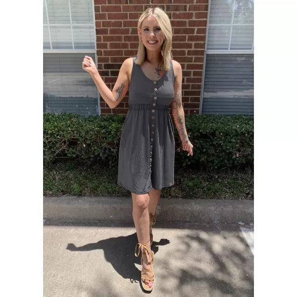 imageBTFBM Women Sleeveless Summer Dress 2023 Crewneck Ribbed Knit Ruffle Swing Button Down Beach Sun Mini Tank Short DressesButtons Grey