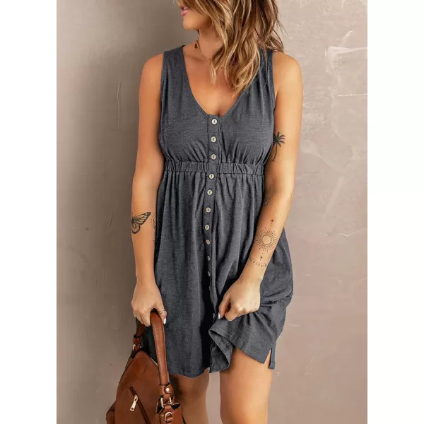 imageBTFBM Women Sleeveless Summer Dress 2023 Crewneck Ribbed Knit Ruffle Swing Button Down Beach Sun Mini Tank Short DressesButtons Grey
