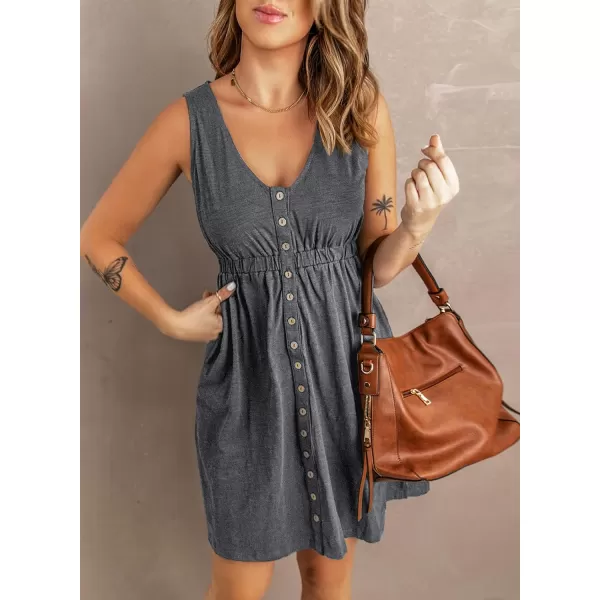 imageBTFBM Women Sleeveless Summer Dress 2023 Crewneck Ribbed Knit Ruffle Swing Button Down Beach Sun Mini Tank Short DressesButtons Grey