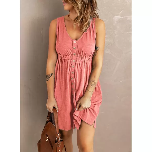 imageBTFBM Women Sleeveless Summer Dress 2023 Crewneck Ribbed Knit Ruffle Swing Button Down Beach Sun Mini Tank Short DressesButtons Light Pink