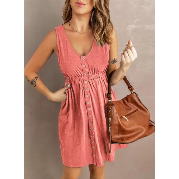 imageBTFBM Women Sleeveless Summer Dress 2023 Crewneck Ribbed Knit Ruffle Swing Button Down Beach Sun Mini Tank Short DressesButtons Light Pink