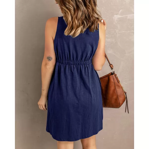 imageBTFBM Women Sleeveless Summer Dress 2023 Crewneck Ribbed Knit Ruffle Swing Button Down Beach Sun Mini Tank Short DressesButtons Navy