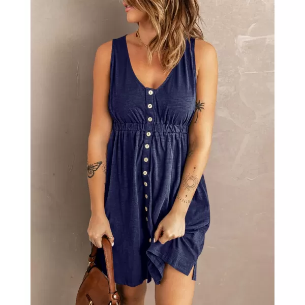 imageBTFBM Women Sleeveless Summer Dress 2023 Crewneck Ribbed Knit Ruffle Swing Button Down Beach Sun Mini Tank Short DressesButtons Navy